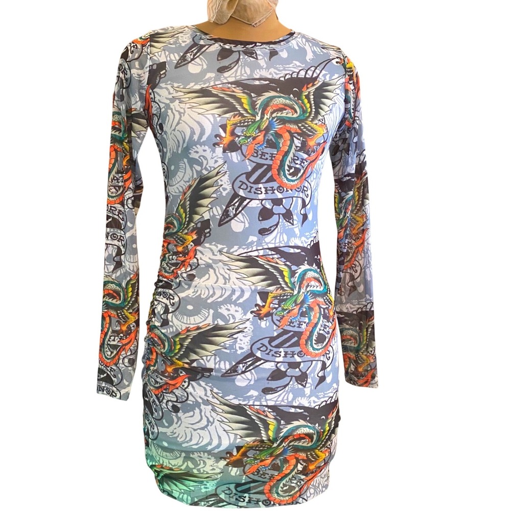 Ed Hardy Mesh bodycon Mini Dress Y2K Tattoo Print Women Small Blue Ruche